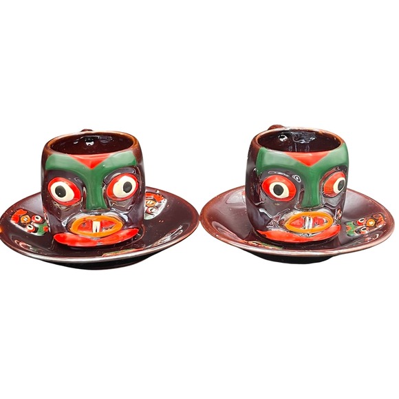 Other - Vtg VICTORIA CERAMICS Tiki Totum Demitasse Cup & Saucer Japan Set of Two 60s